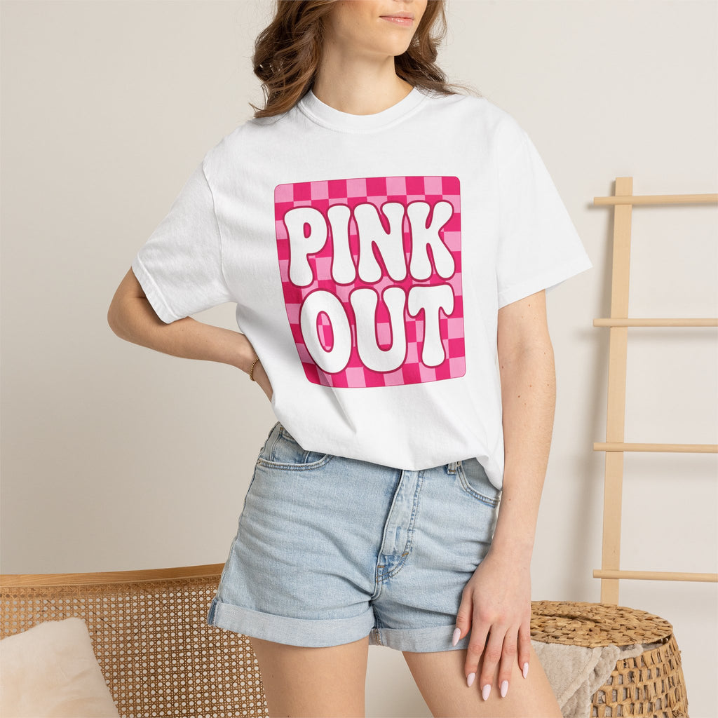 Pink Out Checkerboard T-Shirt — Retro Bubble Letter Graphic Tee