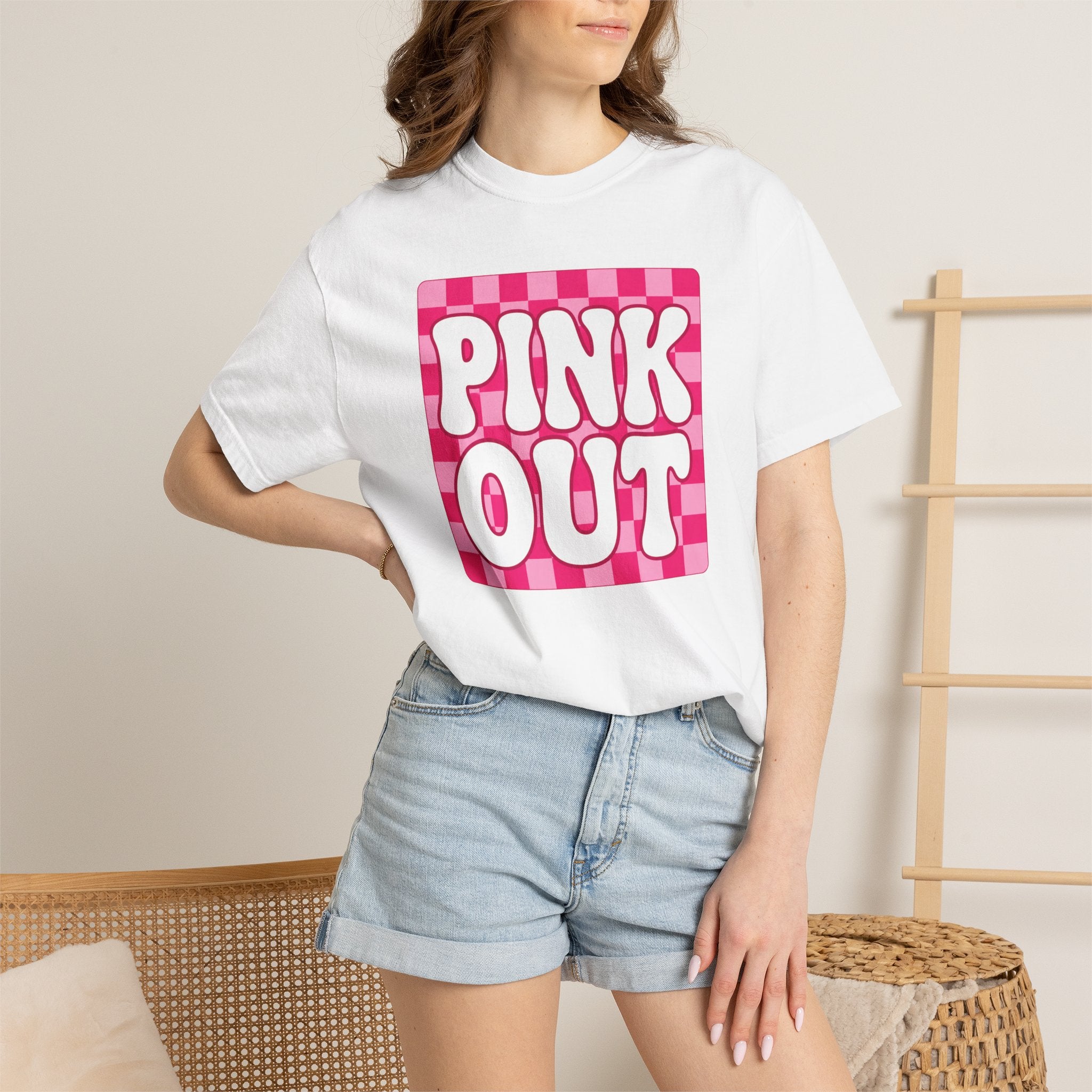 Pink Out Checkerboard T-Shirt — Retro Bubble Letter Graphic Tee