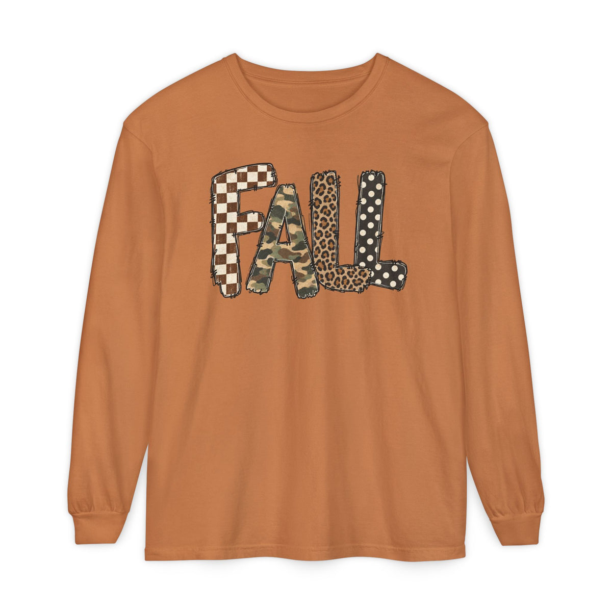 Fall Graphic Long Sleeve Tee — Leopard, Camo & Checkerboard Patch Letters