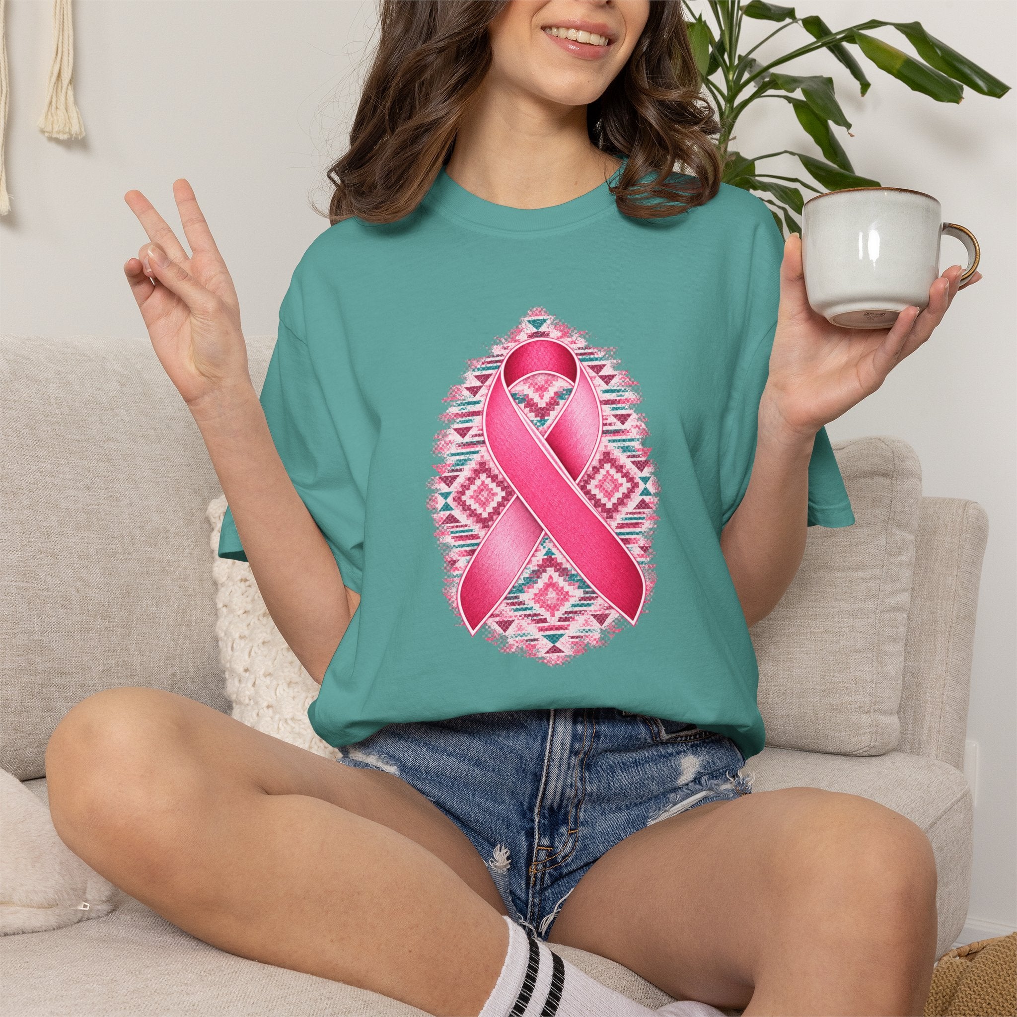 Breast Cancer Awareness Ribbon T-Shirt — Pink Ribbon Floral Tribal Tee