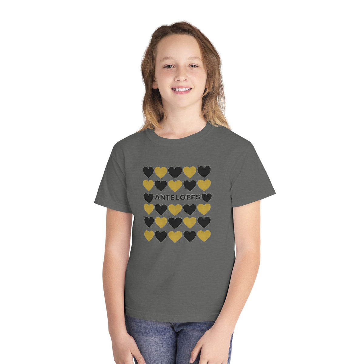Youth Antelopes Heart Grid Tee — Kids School Spirit Shirt