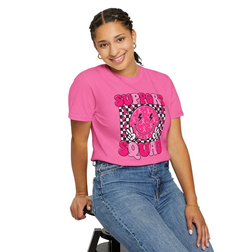 Support Squad T-Shirt — Pink Smiley Checkerboard Graphic Tee
