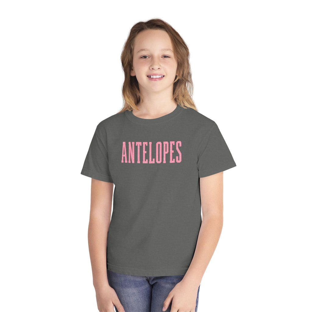 Youth Tee – 'Antelopes' Pink Lettering Charcoal Kids Shirt