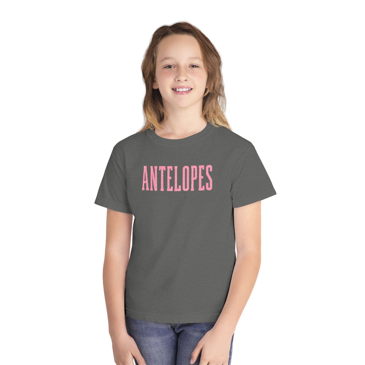 Youth Tee – 'Antelopes' Pink Lettering Charcoal Kids Shirt