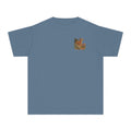 washed denim youth Caprock Critters desert bighorn tee with front and back West Texas wildlife artwork.