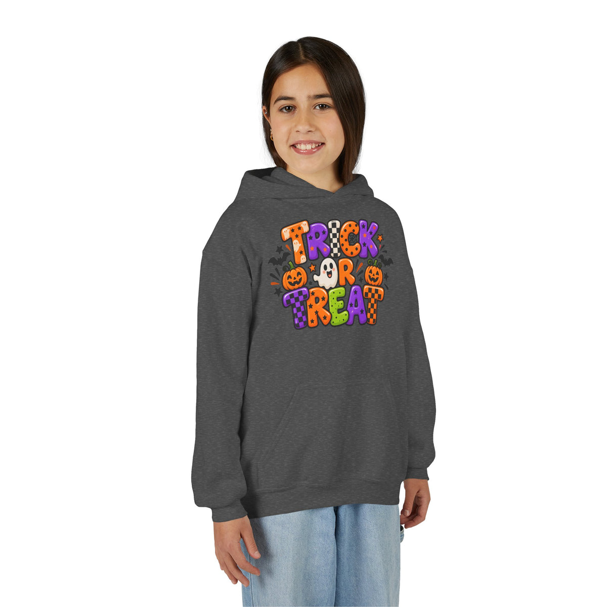 Youth Halloween Hoodie - "Trick or Treat" Colorful Pumpkin Design