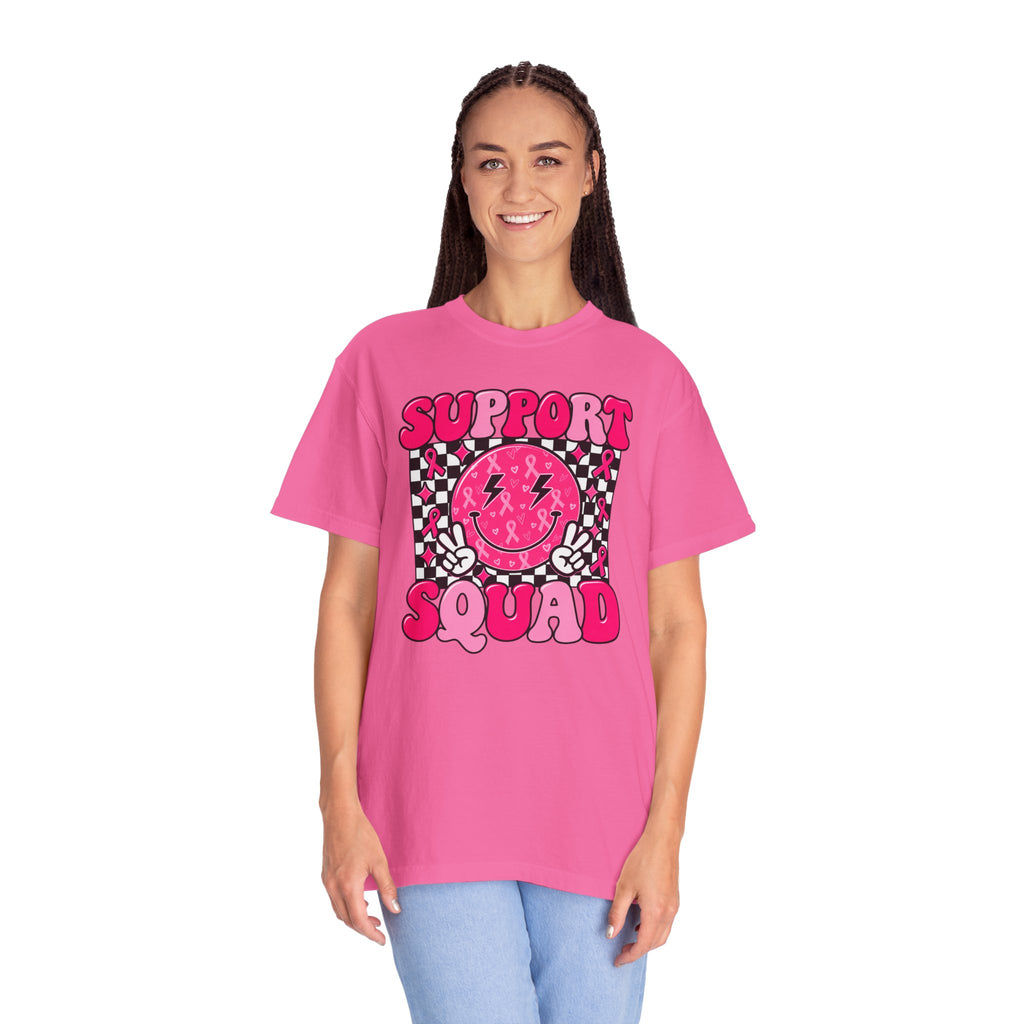 Support Squad T-Shirt — Pink Smiley Checkerboard Graphic Tee