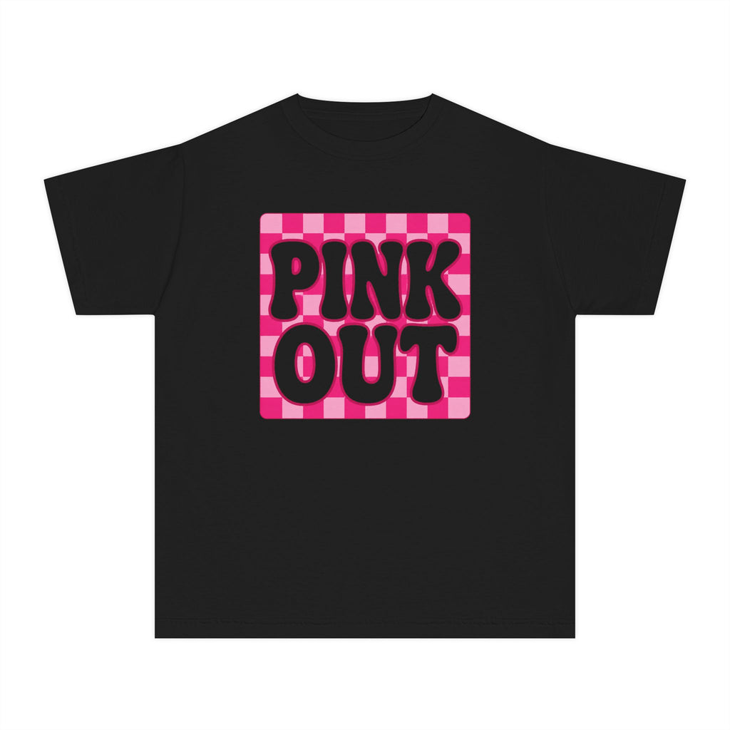 Youth Tee — "PINK OUT" Pink Check Graphic Tee for Kids (Breast Cancer Awareness, Pink Out Events)