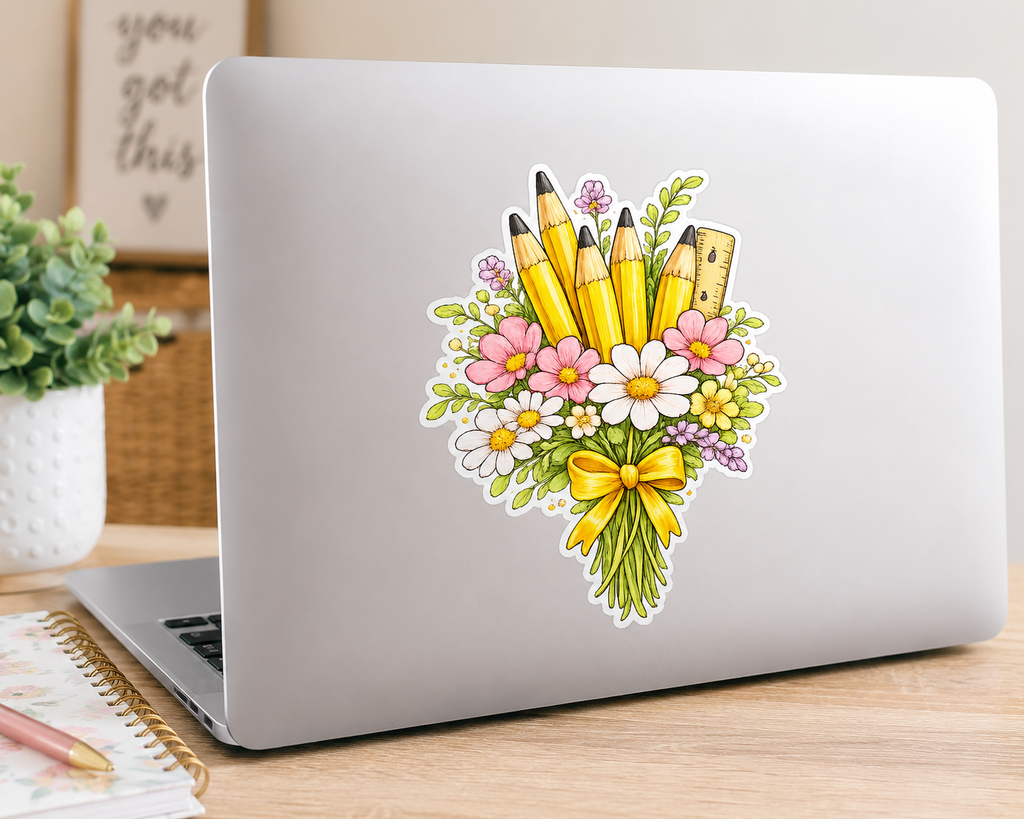 Teacher Bouquet Kiss-Cut Sticker — Yellow Pencil & Ruler Floral Sticker
