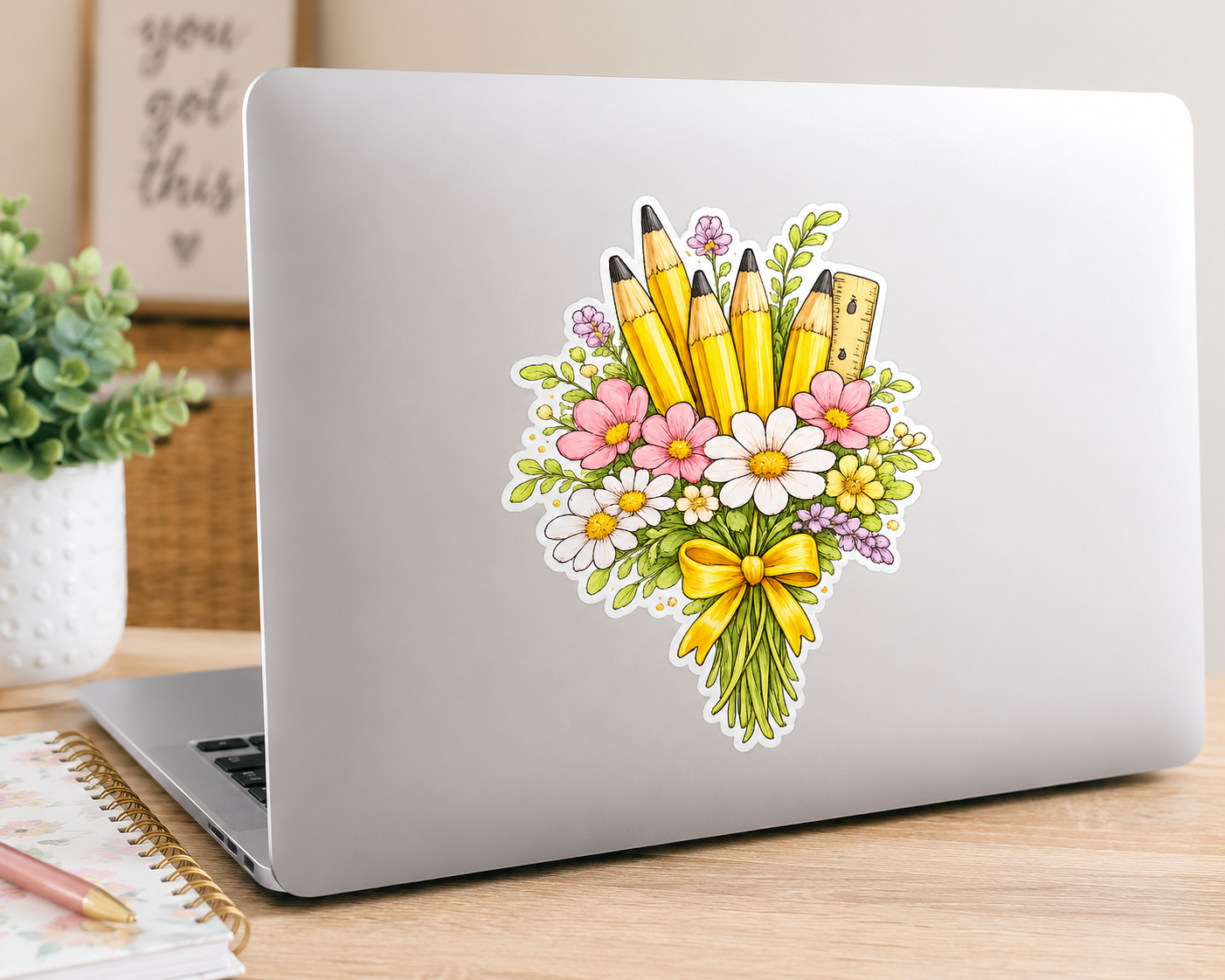 Teacher Bouquet Kiss-Cut Sticker — Yellow Pencil & Ruler Floral Sticker