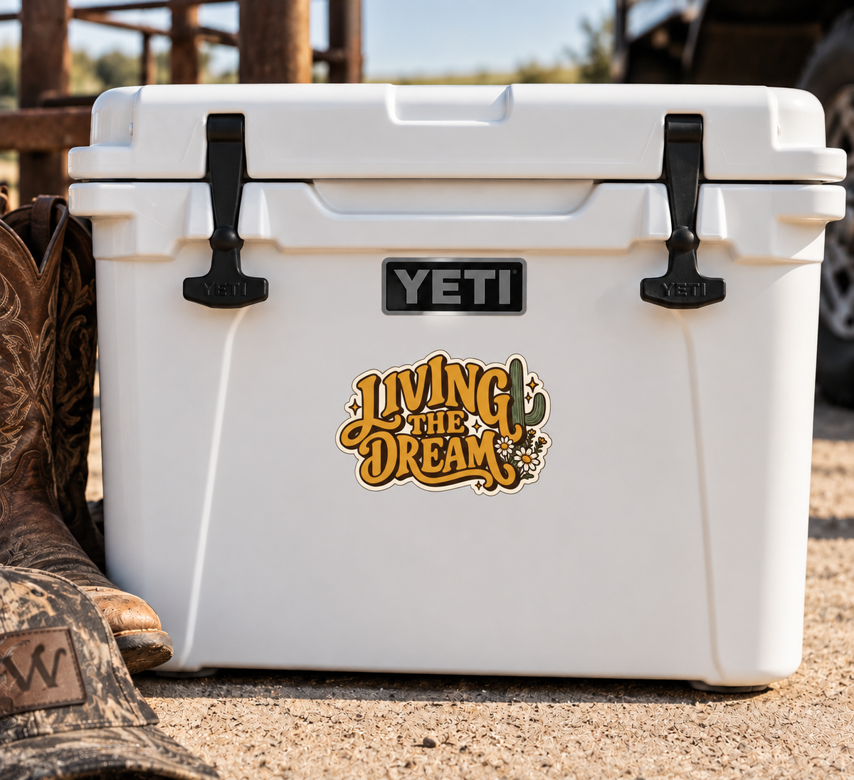 Living the Dream Kiss-Cut Sticker — Retro Desert Typography with Cactus & Daisies
