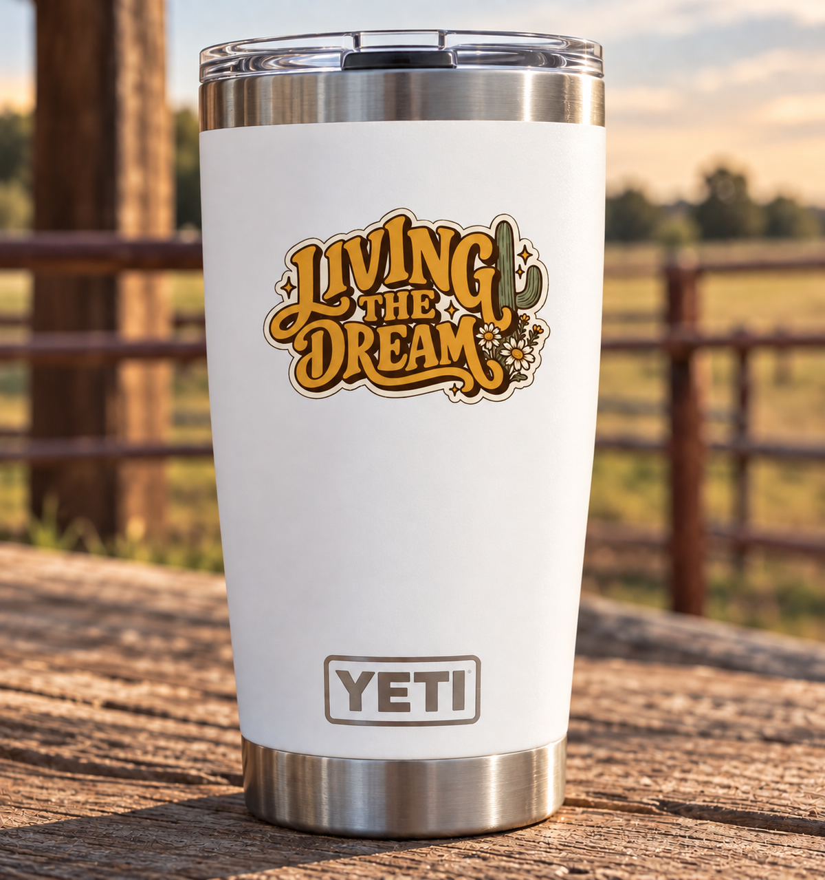 Living the Dream Kiss-Cut Sticker — Retro Desert Typography with Cactus & Daisies