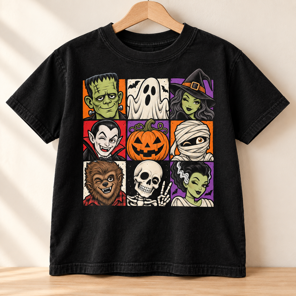 Kids Halloween Monsters Tee — Cute Retro Monster Patchwork Shirt