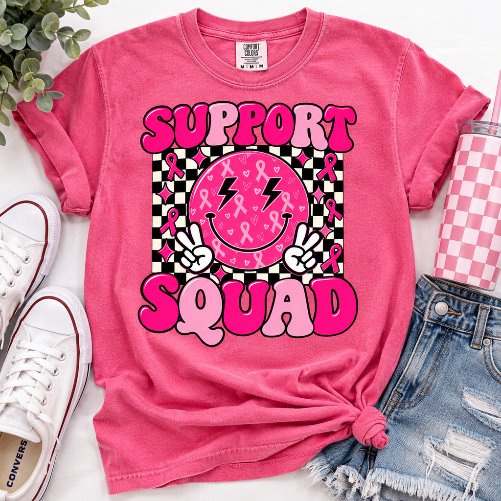 Support Squad T-Shirt — Pink Smiley Checkerboard Graphic Tee
