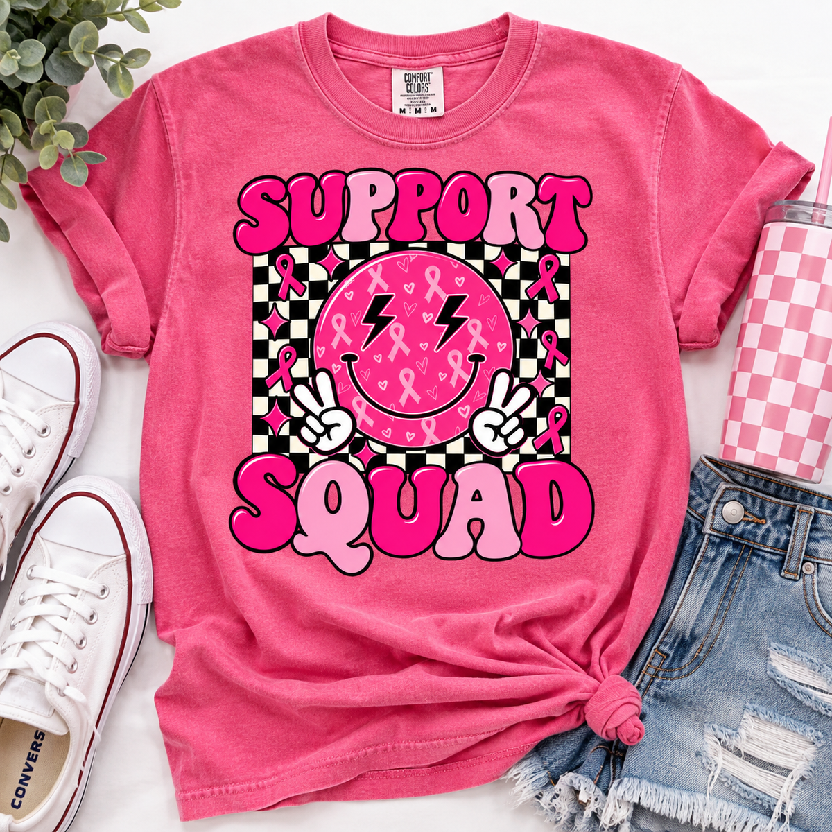 Support Squad T-Shirt — Pink Smiley Checkerboard Graphic Tee