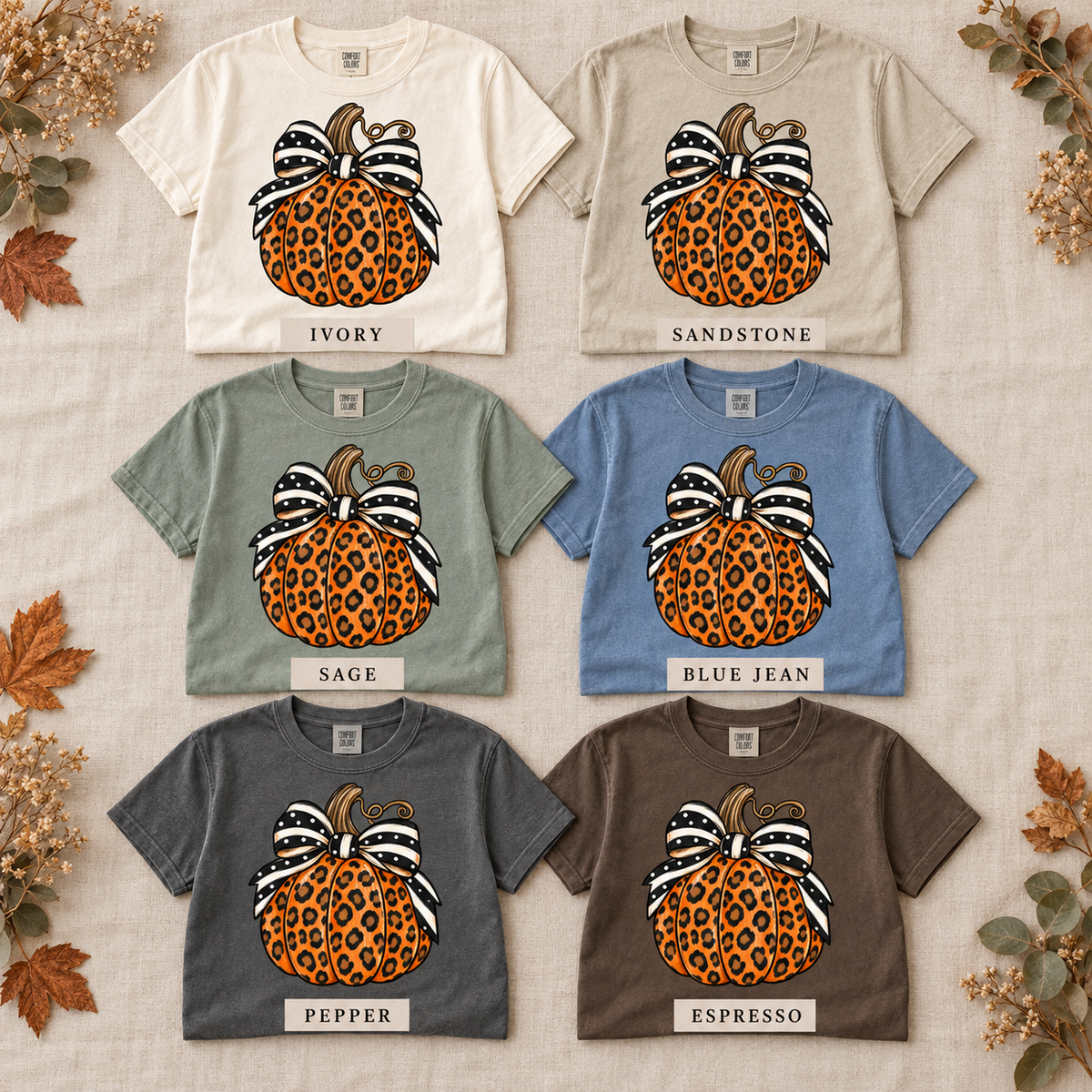 Leopard Pumpkin T-Shirt — Autumn Pumpkin Graphic Tee with Polka Dot Bow