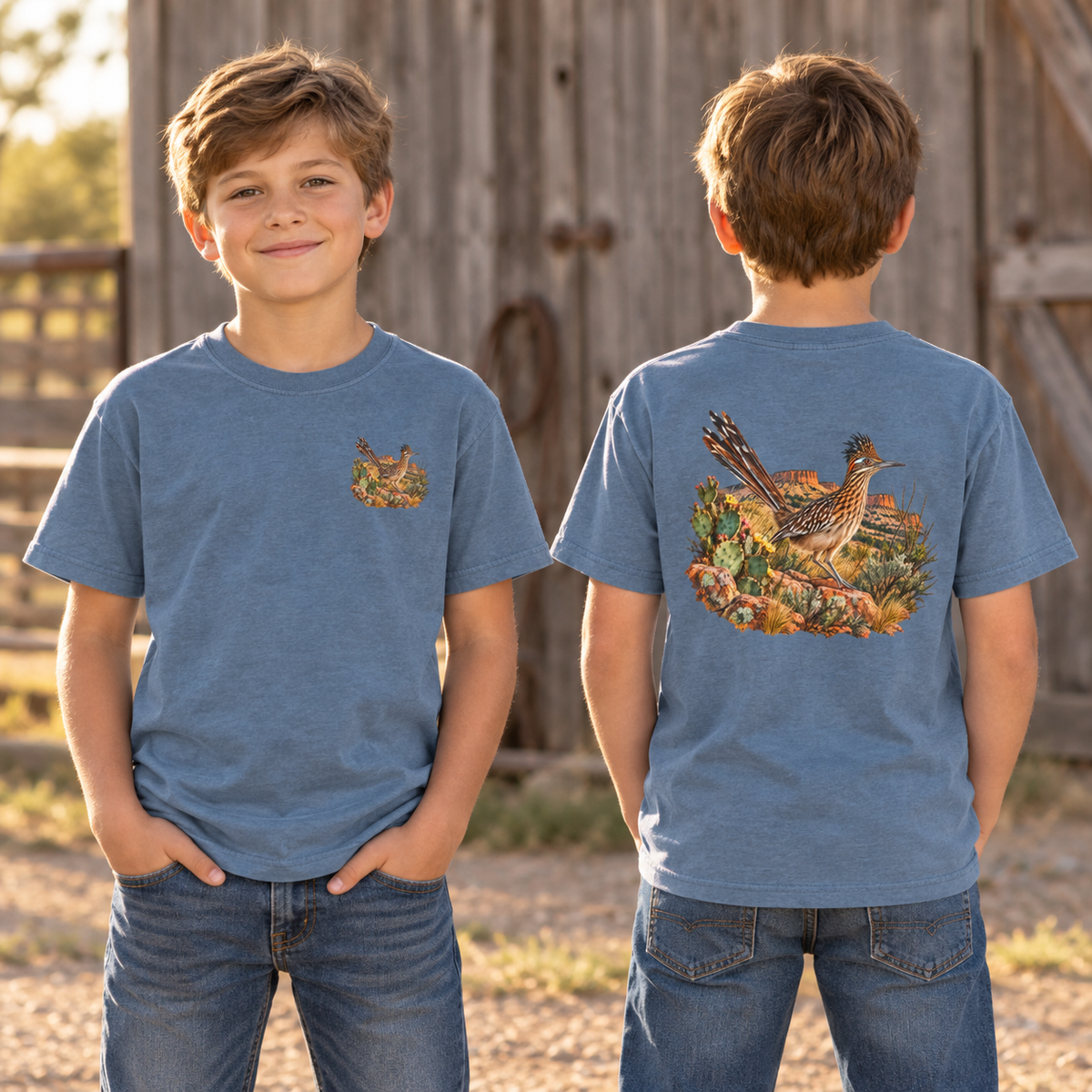 washed denim youth Caprock Critters roadrunner tee with front and back West Texas wildlife artwork.