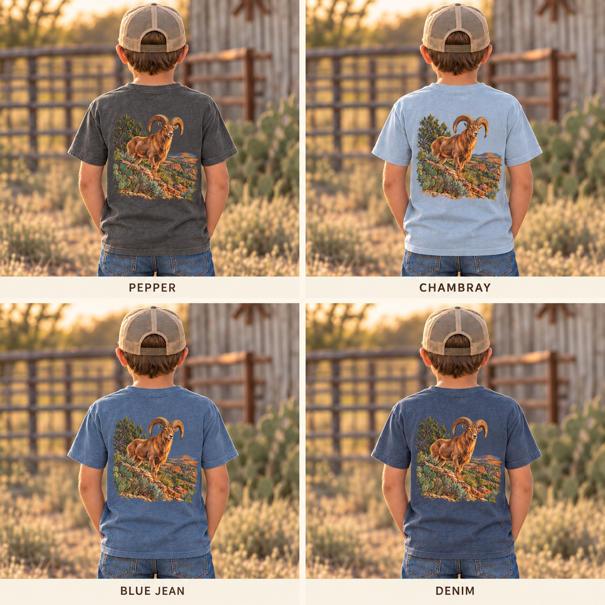 youth Caprock Critters desert bighorn tee with front and back West Texas wildlife artwork.