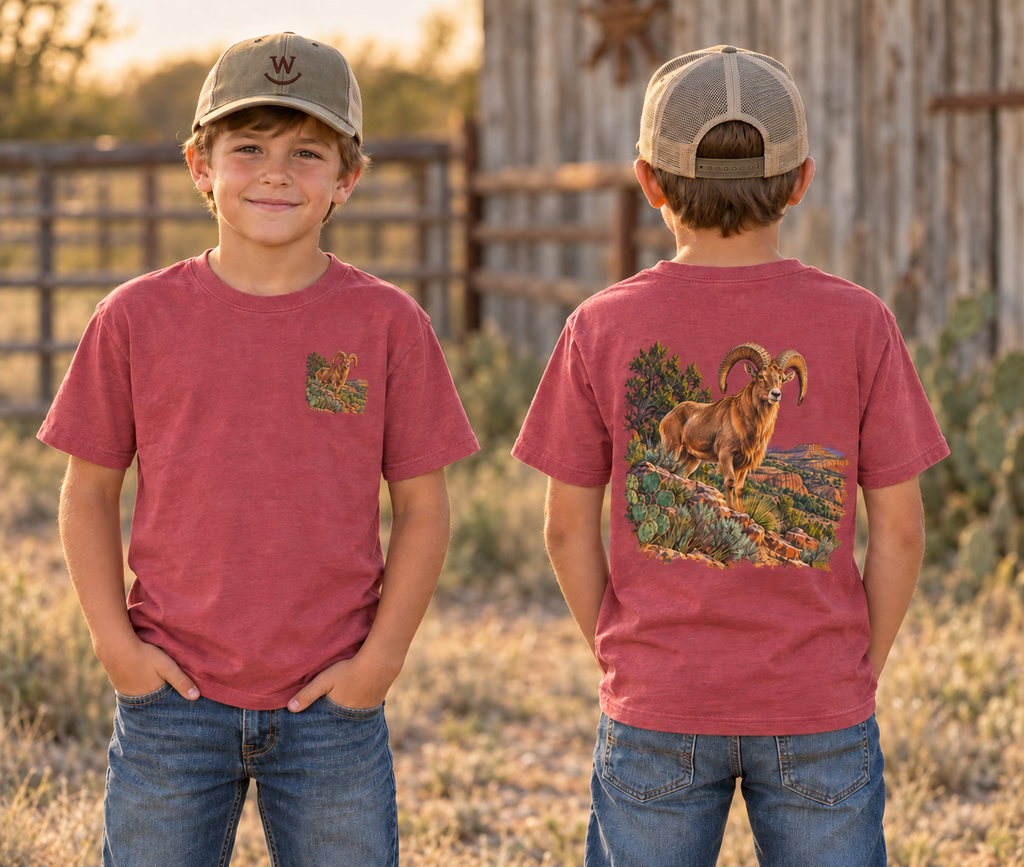 youth Caprock Critters desert bighorn tee with front and back West Texas wildlife artwork.