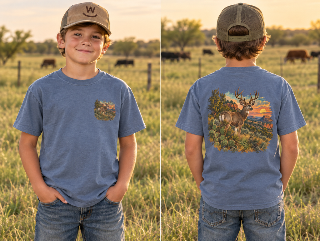 youth Caprock Critters mule deer tee with front and back West Texas sunset artwork.