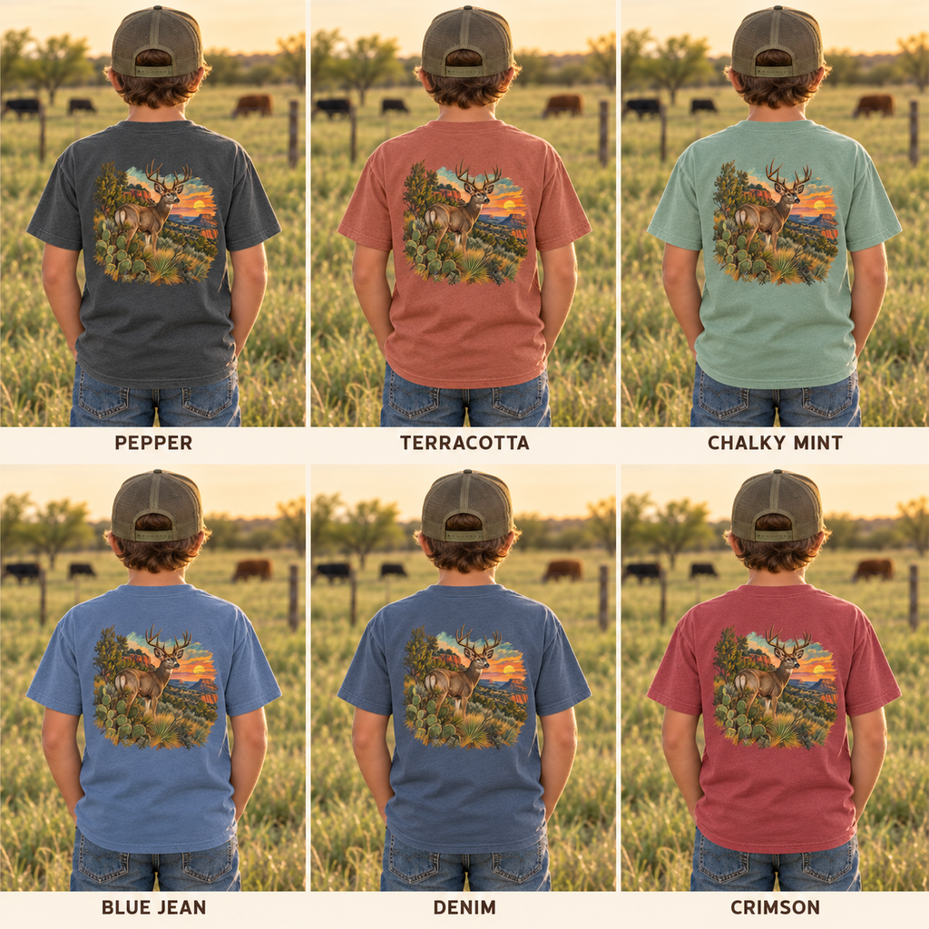 youth Caprock Critters mule deer tee with front and back West Texas sunset artwork.