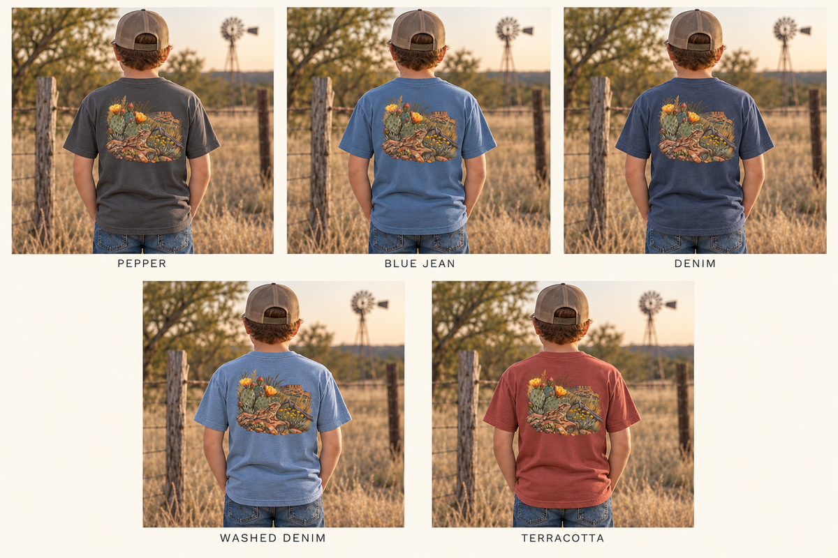 youth Caprock Critters horny toad tee with front and back West Texas cactus artwork