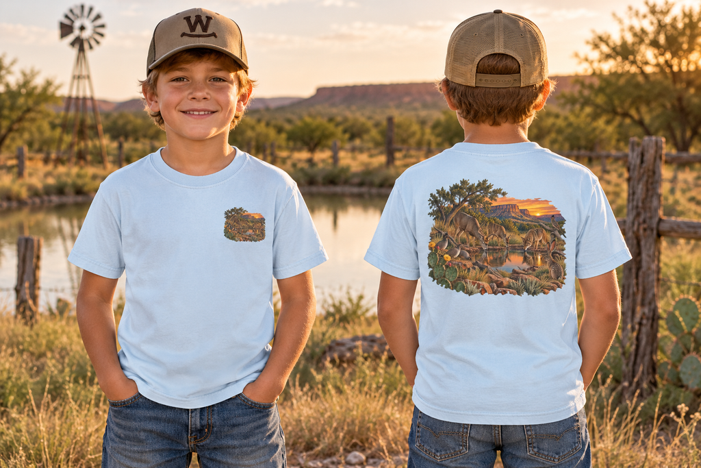chambray youth Caprock Critters at Sunset tee with front and back West Texas wildlife artwork.