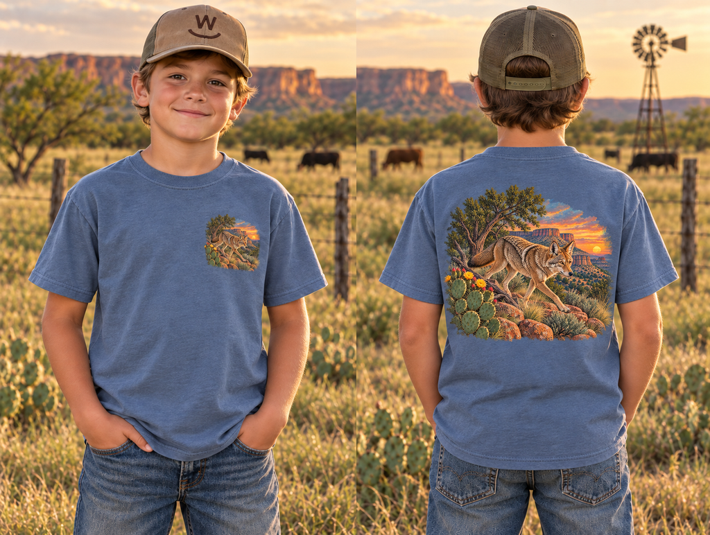 Blue Jean youth Caprock Critters coyote tee with front and back West Texas wildlife artwork.