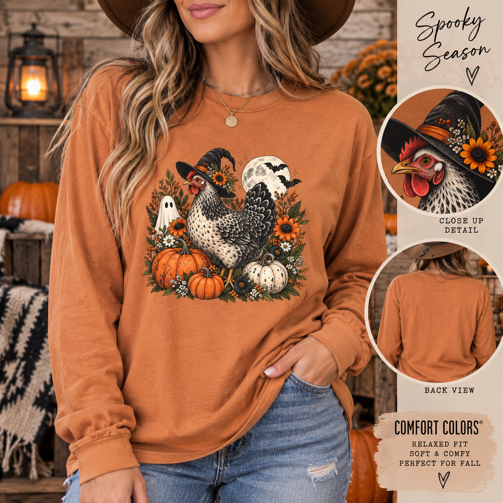 Halloween Chicken Tee — Witch Hat Chicken with Pumpkins & Ghosts Long Sleeve Shirt