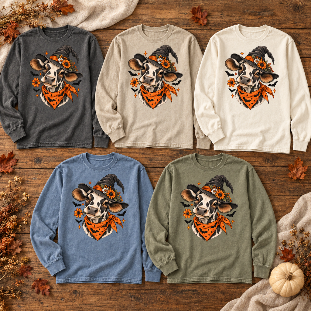 Halloween Witch Cow Long Sleeve Tee — Witchy Cow with Bats & Autumn Florals