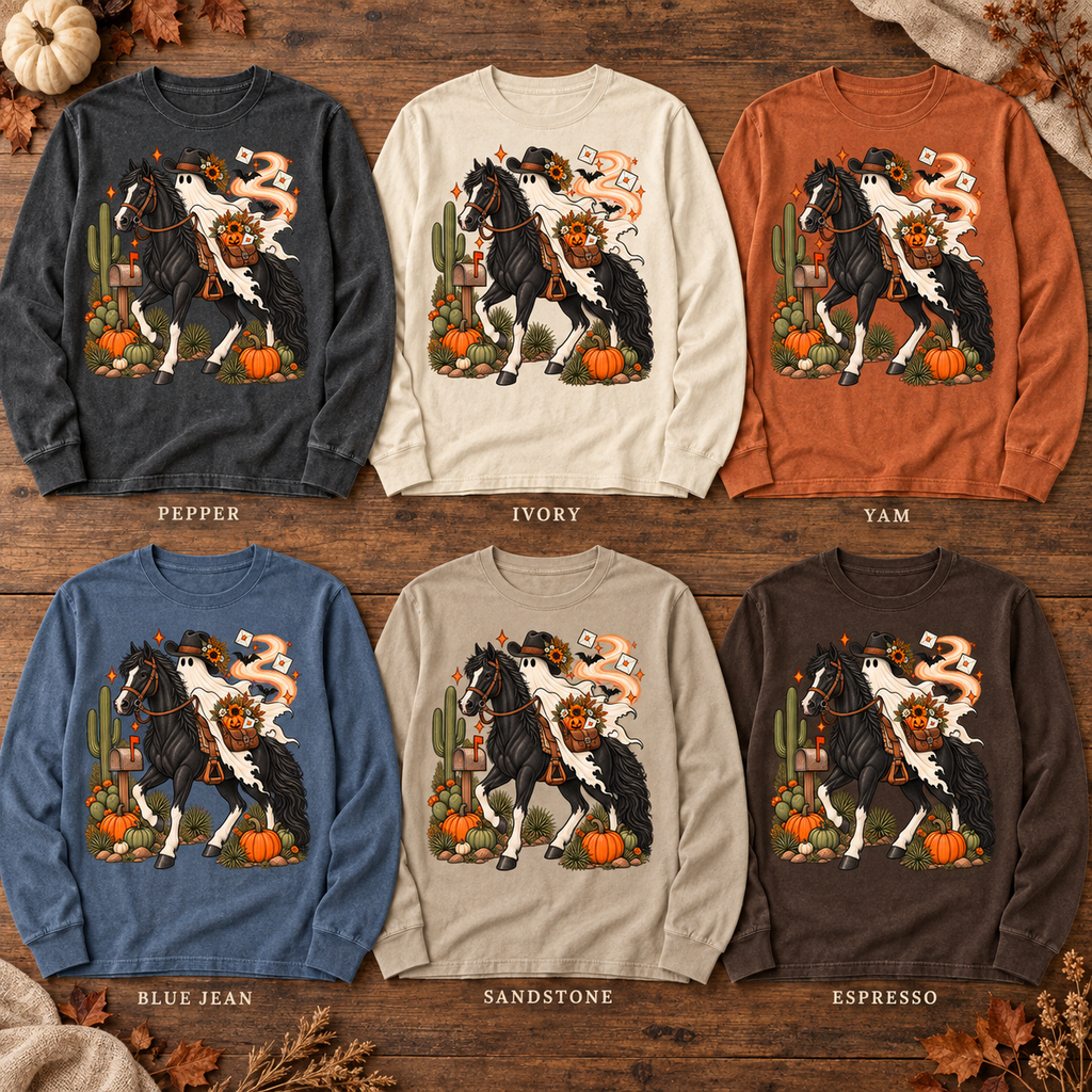 Halloween Cowboy Ghost Horse Long Sleeve Tee