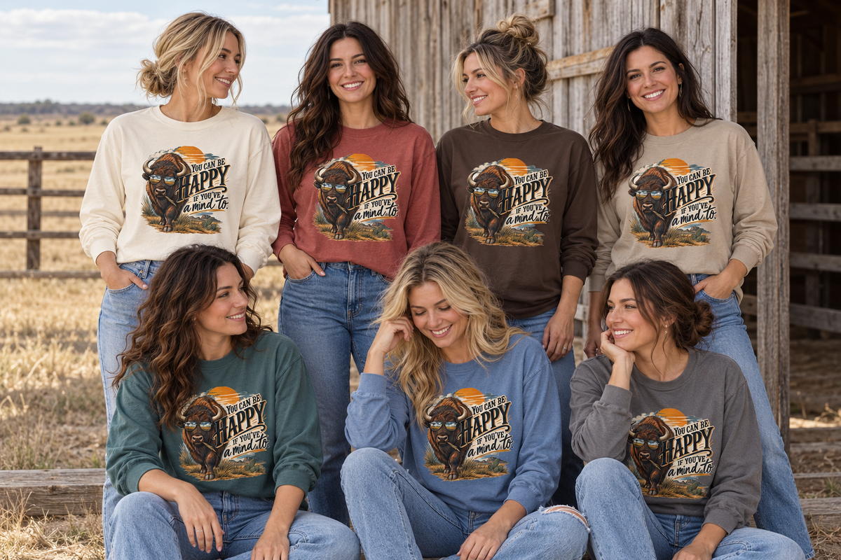 Happy Buffalo Long Sleeve Tee — “You Can Be Happy If You’ve a Mind To” Rustic Graphic Shirt