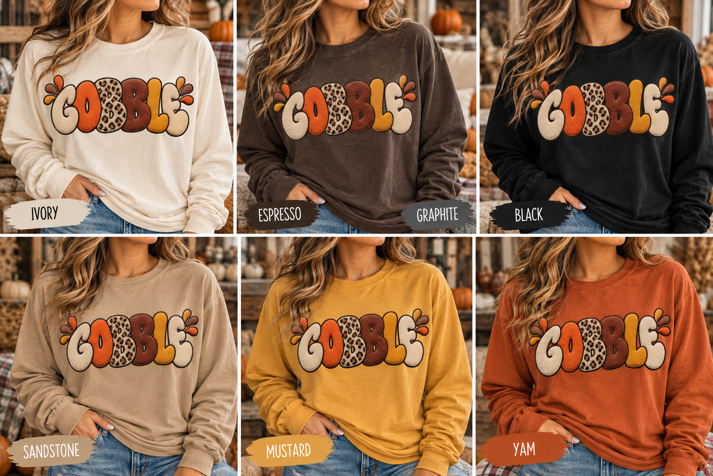 Gobble Thanksgiving Long Sleeve T-Shirt — Retro Turkey Fall Graphic