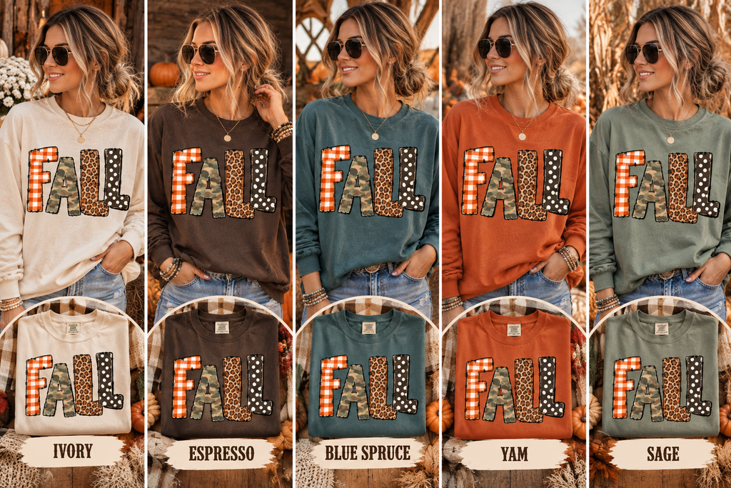 Fall Graphic Long Sleeve Tee — Leopard, Camo & Checkerboard Patch Letters