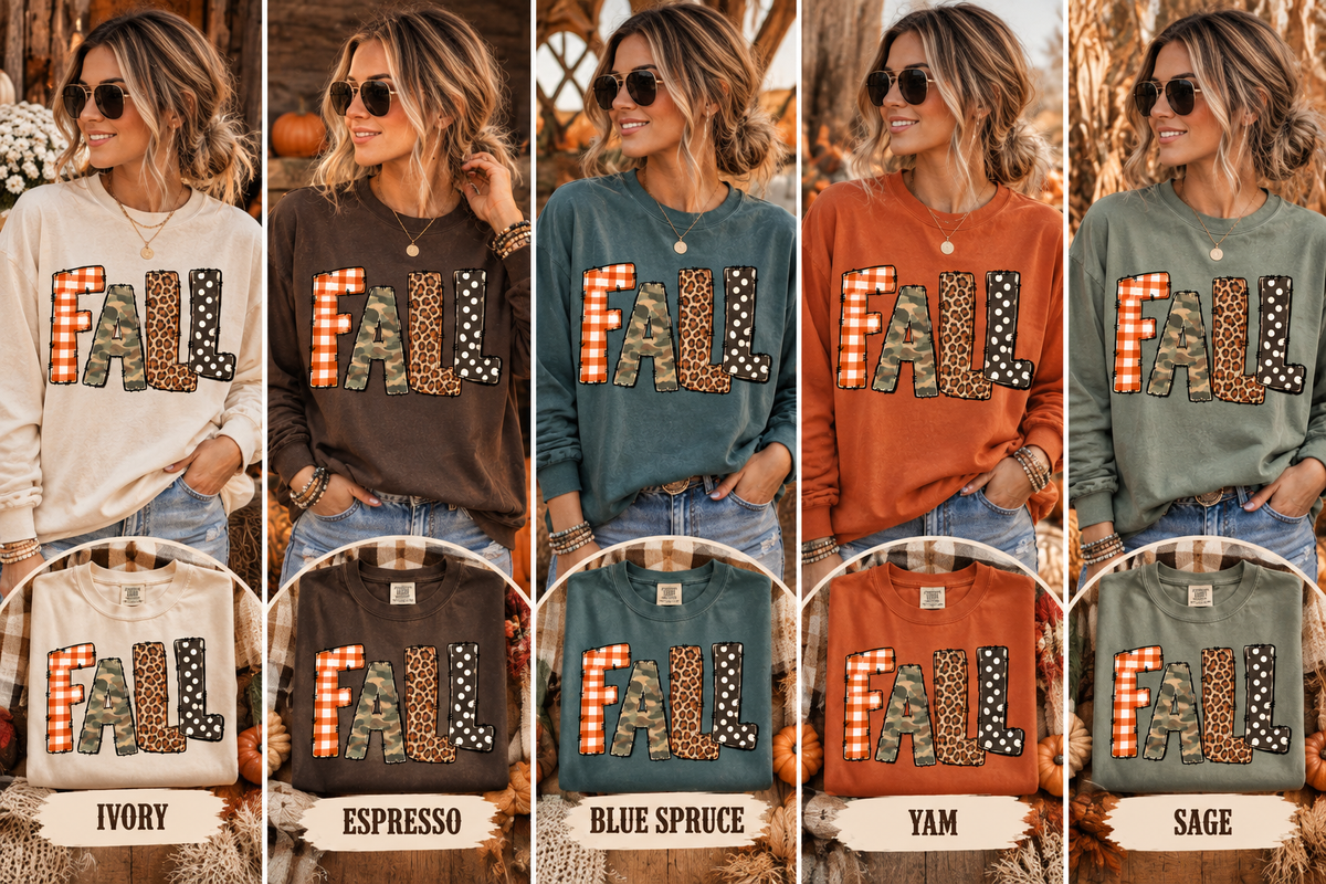 Fall Graphic Long Sleeve Tee — Leopard, Camo & Checkerboard Patch Letters