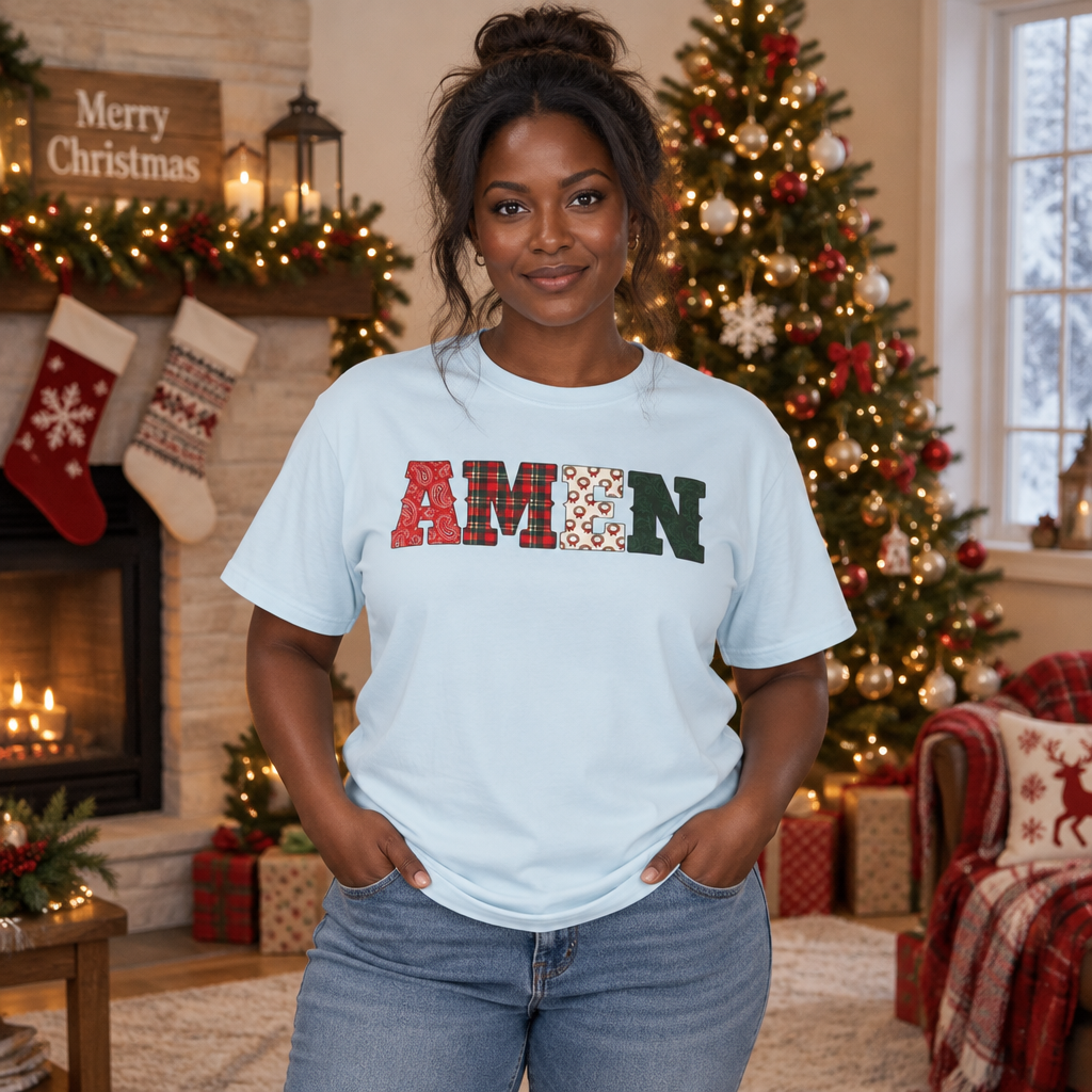 AMEN Western Christmas Patchwork T-Shirt