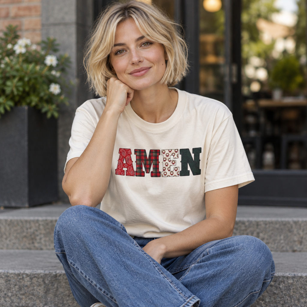AMEN Western Christmas Patchwork T-Shirt