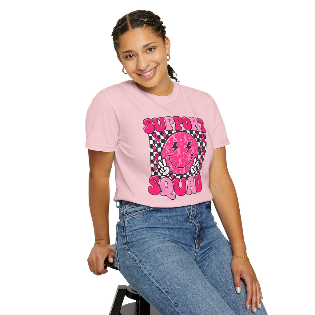 Support Squad T-Shirt — Pink Smiley Checkerboard Graphic Tee