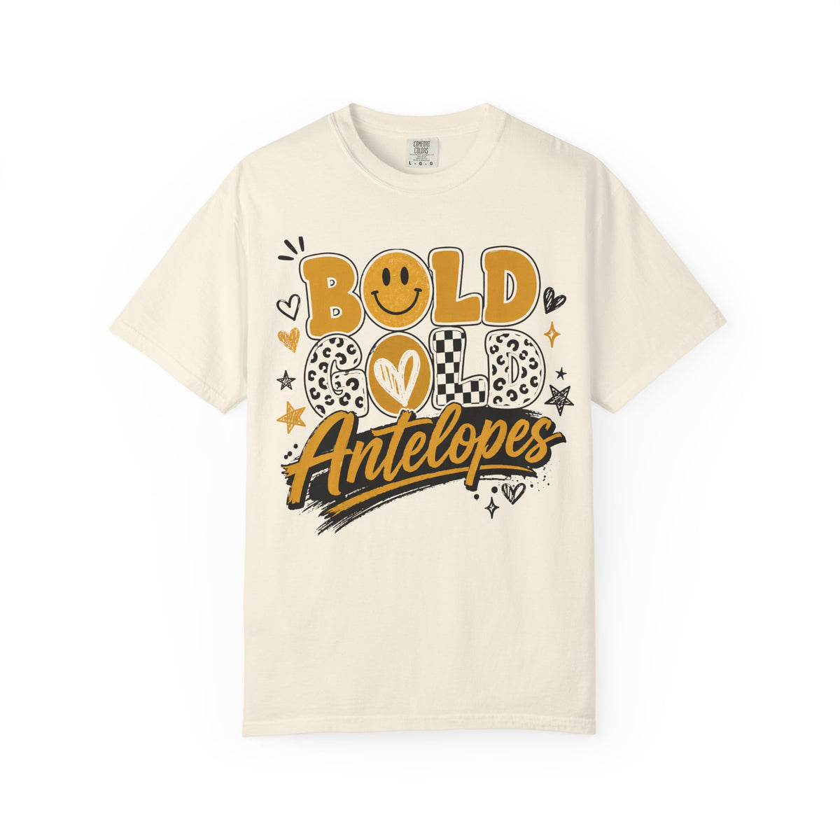 Bold Gold Antelopes Graphic T-Shirt — Cheerful Retro Smile Design