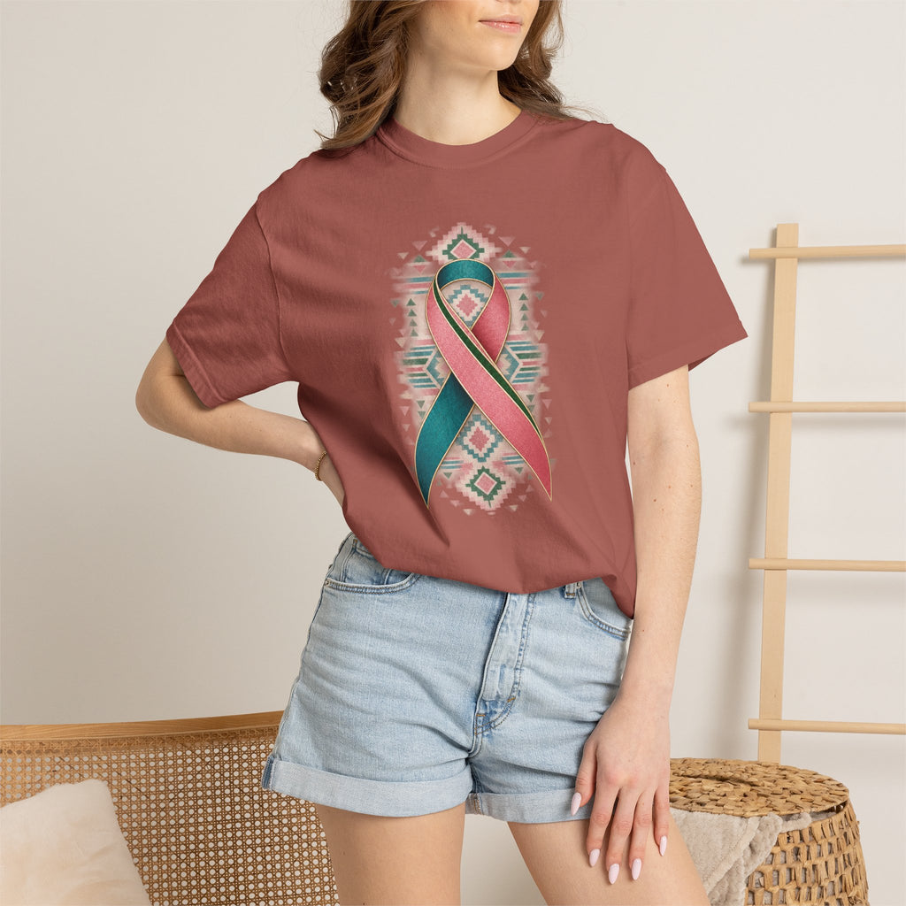 Metastatic Breast Cancer Awareness Ribbon Tee — Desert Aztec Teal & pink  Support Shirt
