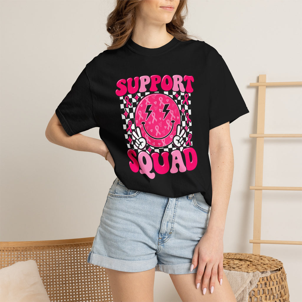 Support Squad T-Shirt — Pink Smiley Checkerboard Graphic Tee