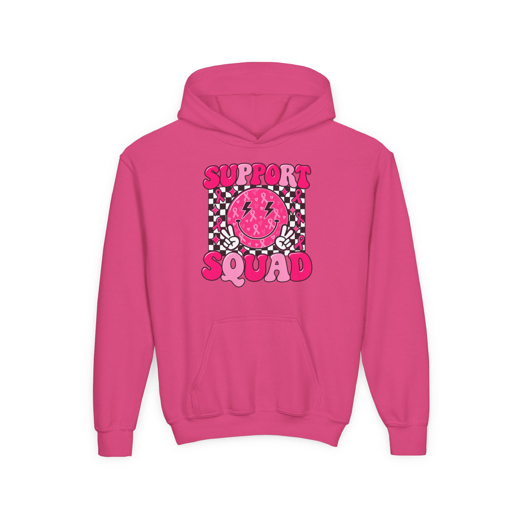 Support Squad Youth Hoodie — Pink Smiley Checkerboard Graphic