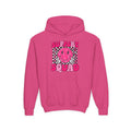 Support Squad Youth Hoodie — Pink Smiley Checkerboard Graphic