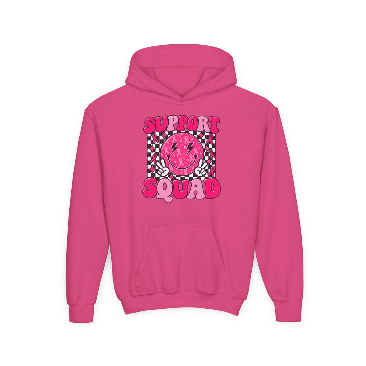 Support Squad Youth Hoodie — Pink Smiley Checkerboard Graphic