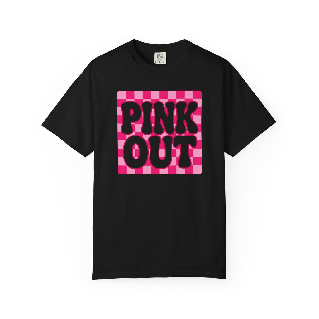 Pink Out Checkerboard T-Shirt — Retro Bubble Letter Graphic Tee