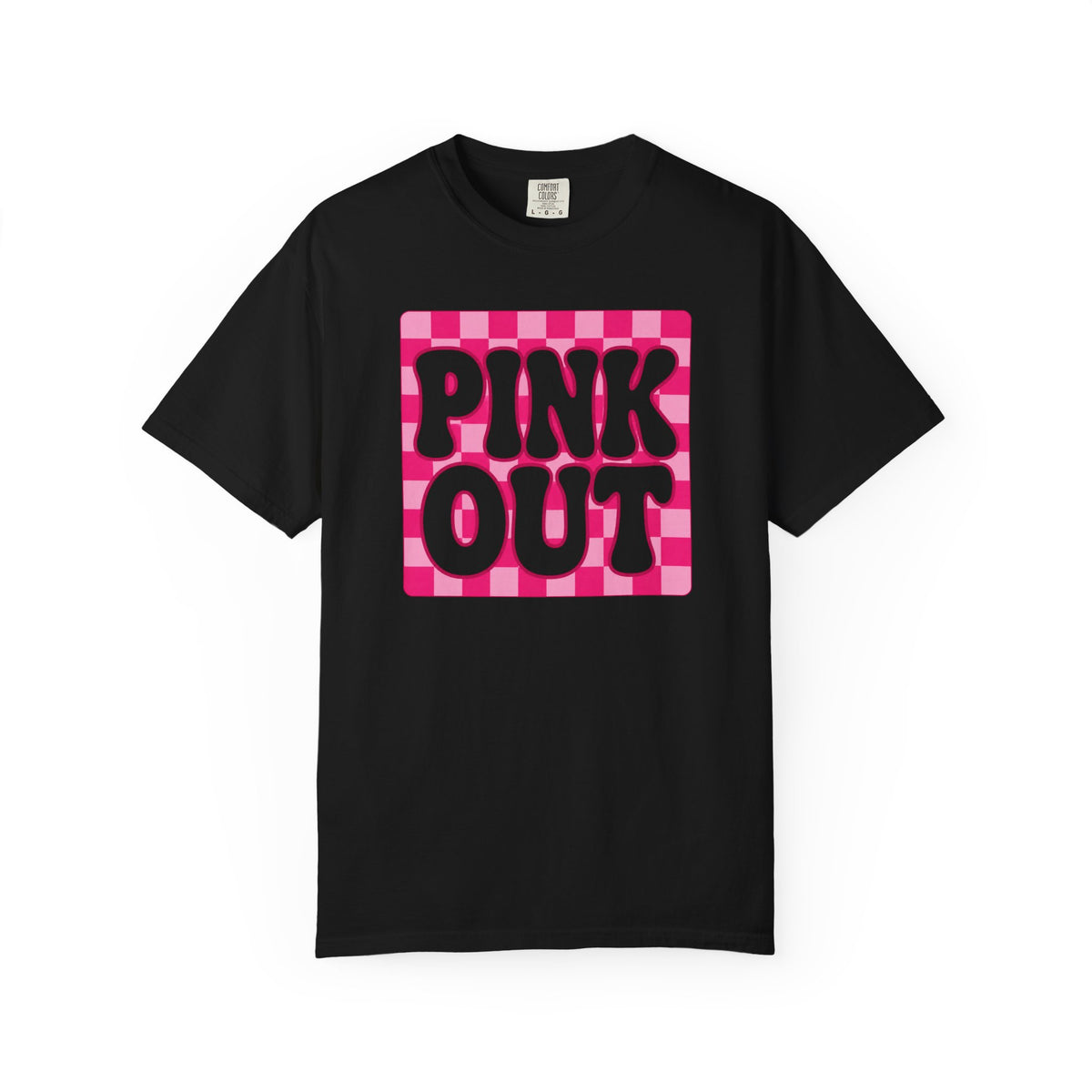 Pink Out Checkerboard T-Shirt — Retro Bubble Letter Graphic Tee