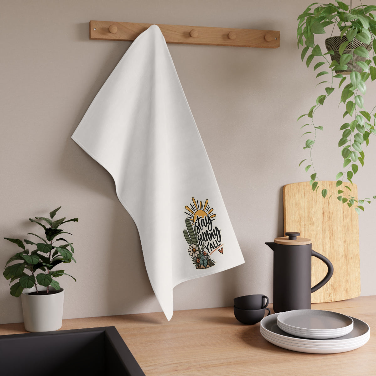 Stay Sunny Y'all Tea Towel – Southwestern Cactus Kitchen Towel