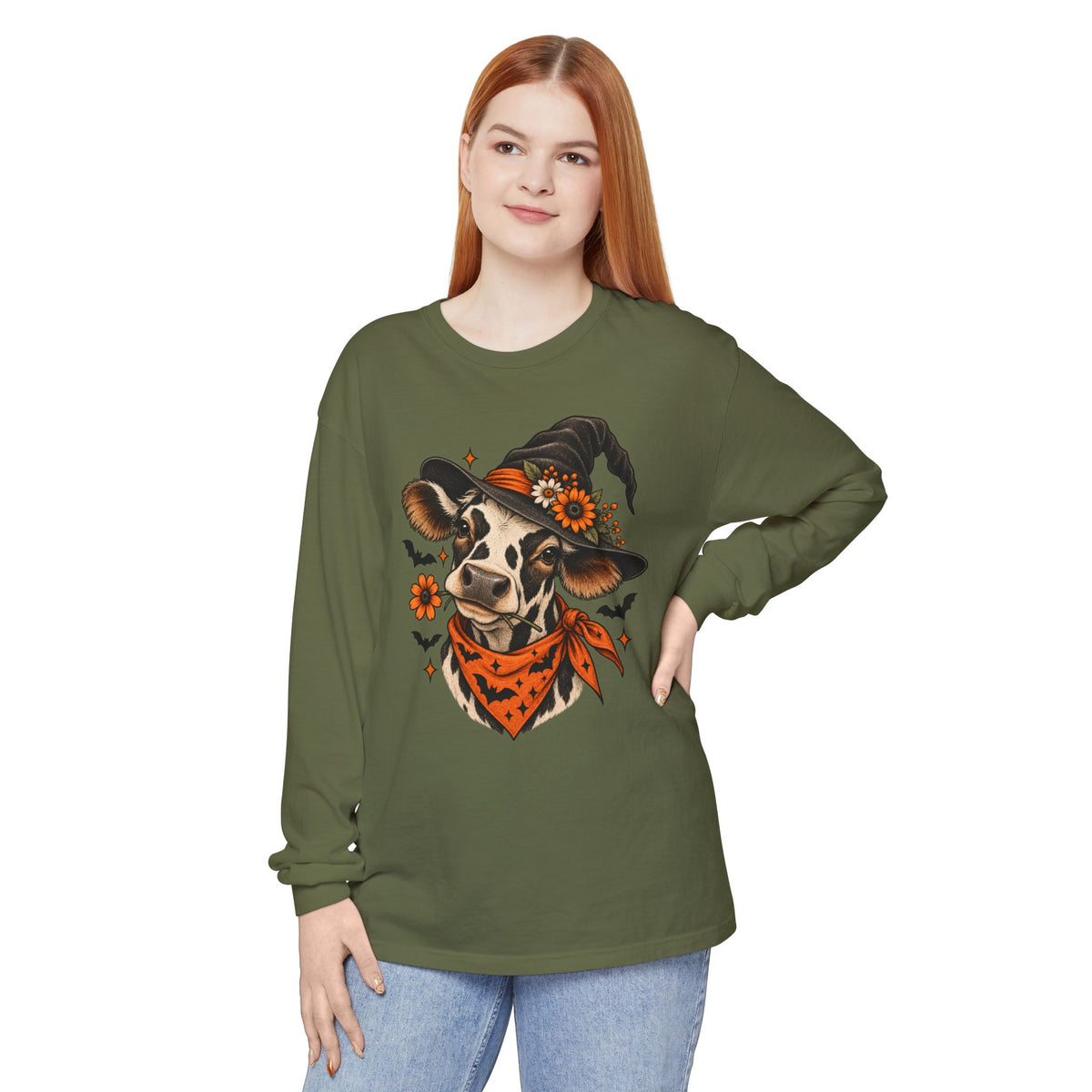 Halloween Witch Cow Long Sleeve Tee — Witchy Cow with Bats & Autumn Florals