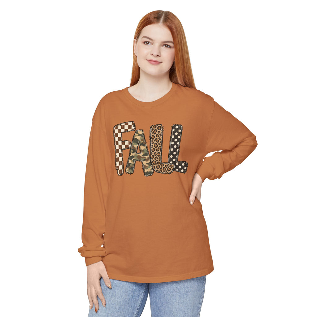 Fall Graphic Long Sleeve Tee — Leopard, Camo & Checkerboard Patch Letters