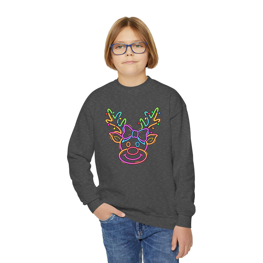 Youth Crewneck Sweatshirt with Neon Reindeer Christmas Design